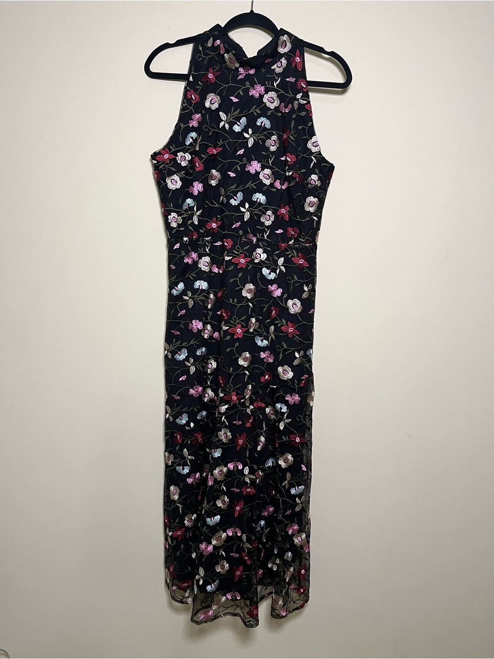 Sam Edelman Floral Embroidered Flared Midi Dress Black Pink Women’s Size 8